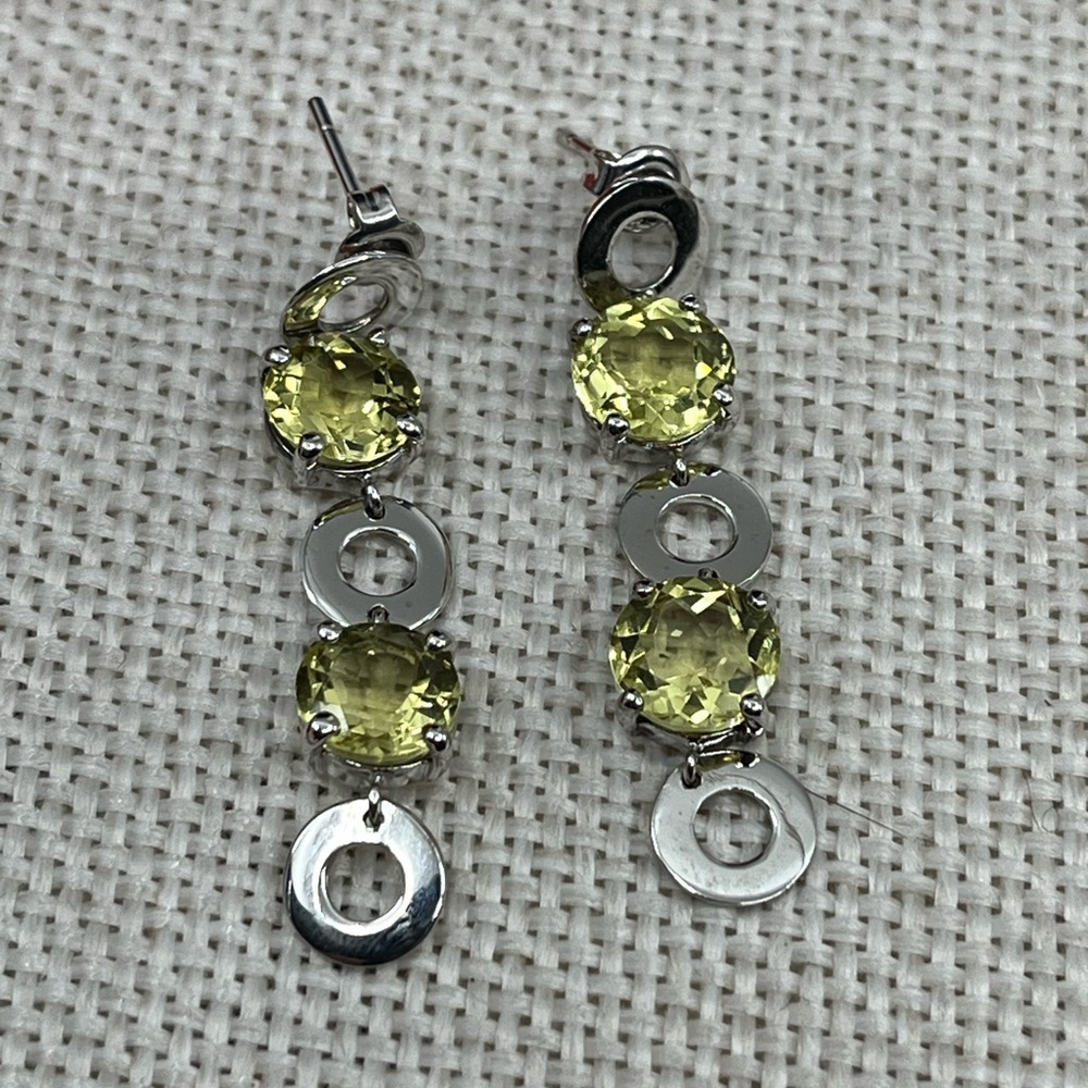 Vintage KN 925 Sterling Silver Yellow-Green Gemstone Dangle Earrings - Picture 8 of 17